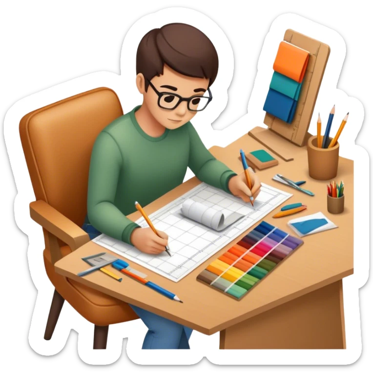 Icon for Furniture Design: a workspace with a designer sketching a piece of furniture, surrounded by design tools like a ruler, pencil, fabric swatches, and a 3D model of the furniture. The icon should represent the design process and creativity in furniture making. Transparent background. sticker