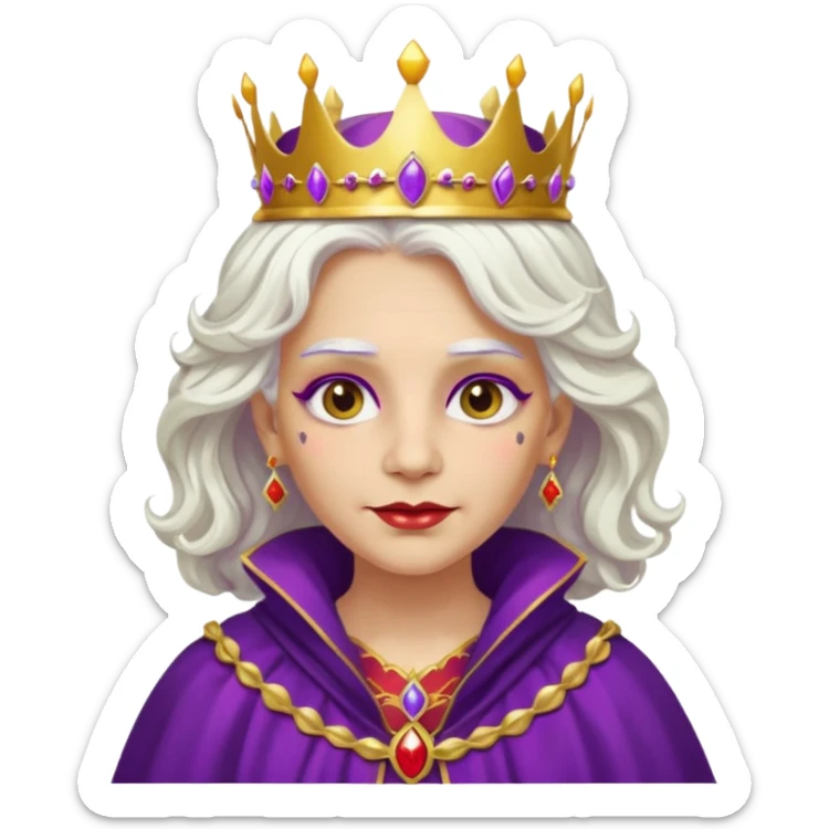 Queen with wavy white hair – golden crown, purple robe, red face paint mark sticker