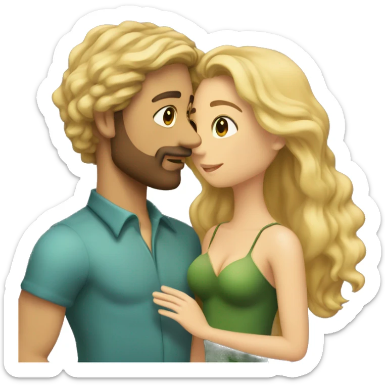Intimate moment of Lovers. She is a mermaid, has blond wavy Hair and brown eyes. He is tall Back hair  and threeday beard.  sticker