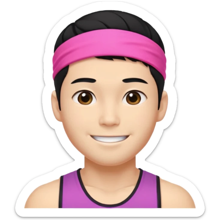 Korean 27-year-old male health coach / Wearing fluorescent colors / White face / Hairband / Smiling expression / Short black hair / Muscular body sticker