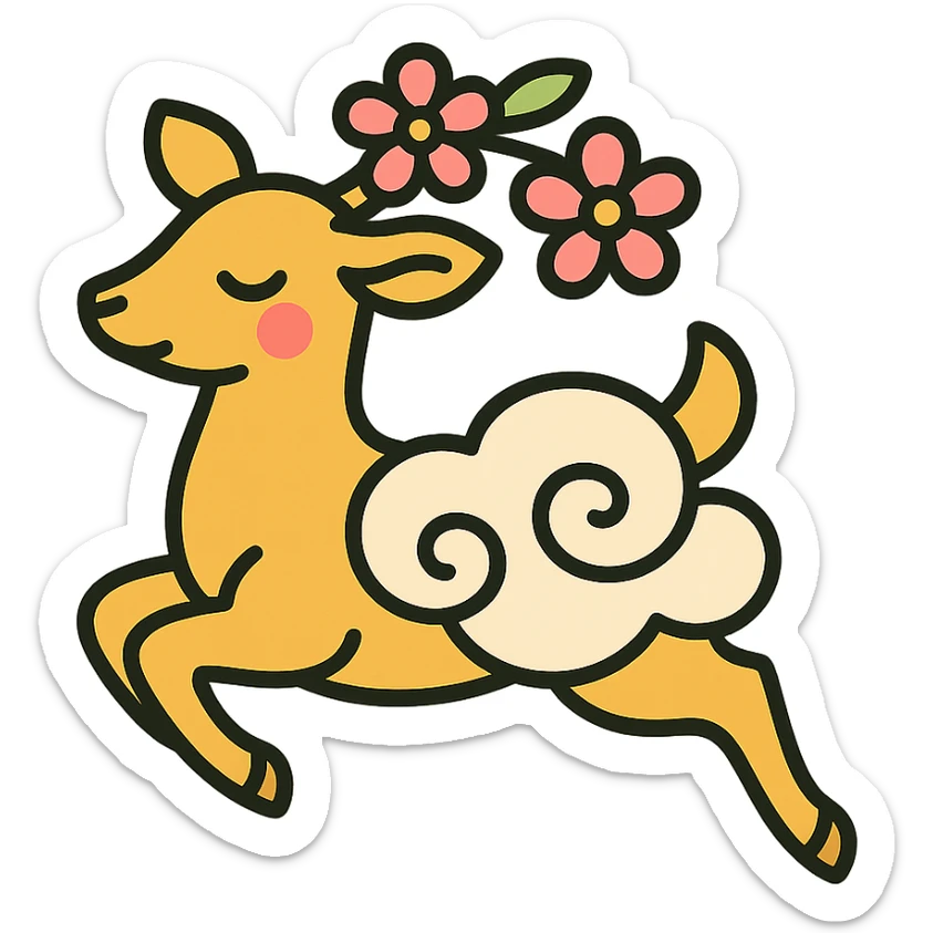 feminine adult vanilla cloud doe with rosy cheeks and cherry flowers, floating gracefully, minimalist style, brand identity, social media sticker