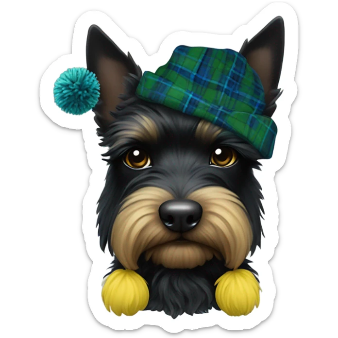 Black Scottie dog wearing a blue and green tartan tam hat with a yellow Pom-pom on top  sticker