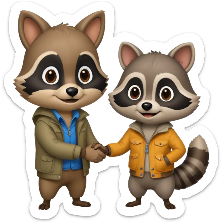person and racoon standing full body looking at each other and giving a hand shake. cartoon style sticker