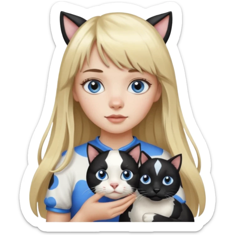 One  cat black and white stain like a cow in the arms of long blond hair girl with bangs and blue eyes sticker