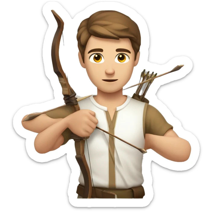a male archer with a bow, wearing a white shirt, very short brown hair, bright skin, only show upper part of the body from waist up sticker