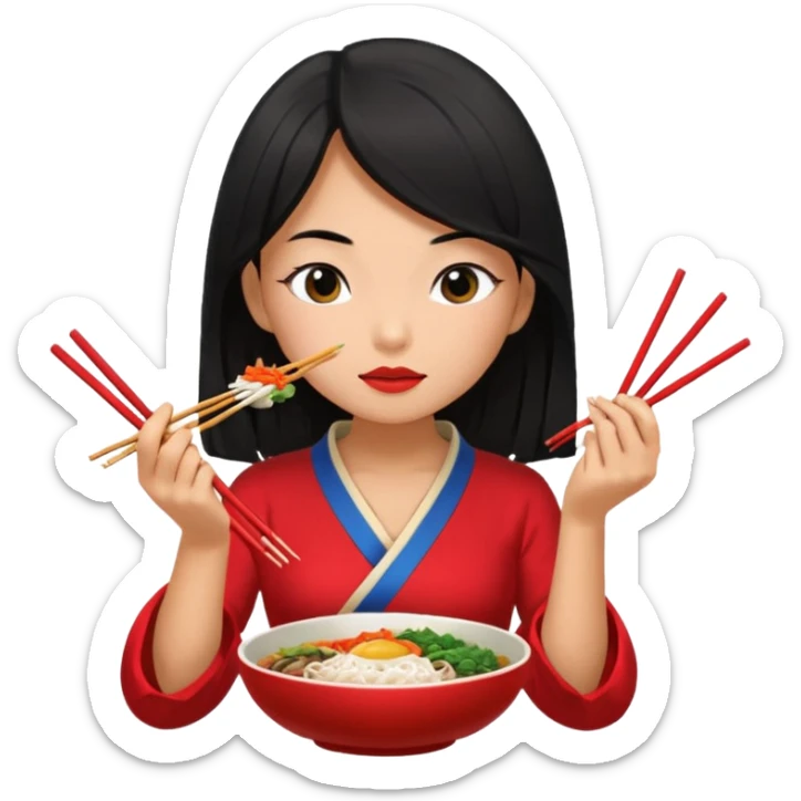 Girl with black long hair with red dress eat bibimbap close eyes chopstick sticker