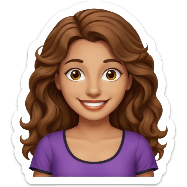 30 yr old italian woman, long brown wavy hair, big brown eyes, huge smile, fancy dress, no bangs, t shirt sticker
