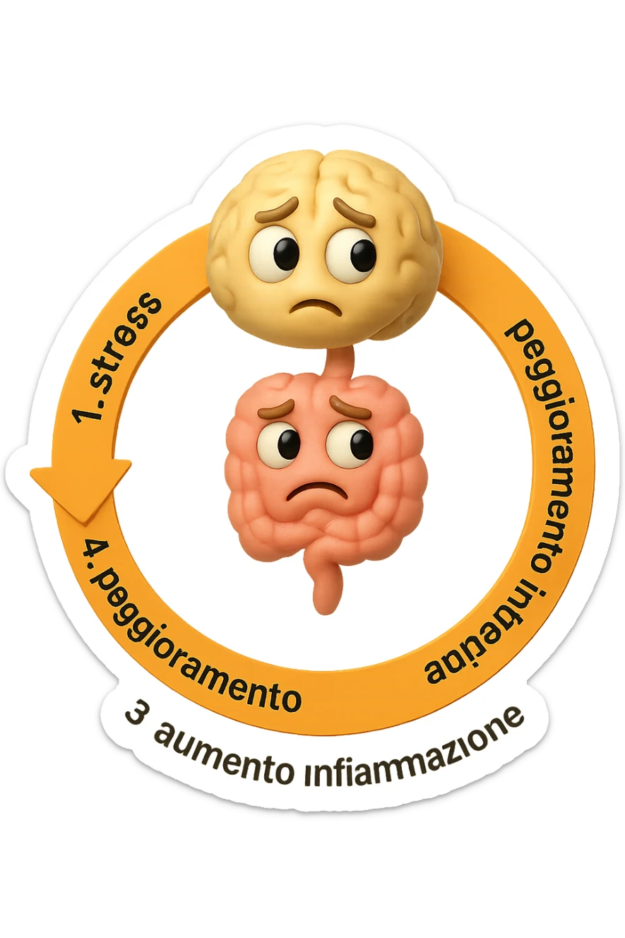 EMOJI STILE IPHONE 3D DI un cerchio con queste scritte che girano intorno in ordine per come li ho scritti "1. stress → 2. peggioramento intestinale → 3. aumento infiammazione → 4. peggioramento sintomi intestinali e sistemici." al centro del cerchio metti un cervello e intestino umani collegati verticalmente con espressione dubbiosa in volto, FALLO MOLTO REALISTICO IN 3D sticker