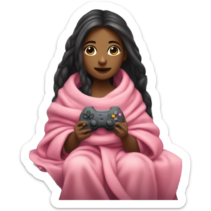 Olive skinned girl with long dark hair wrapped up in a blanket sitting on a couch with a pink gaming controller in her hands sticker