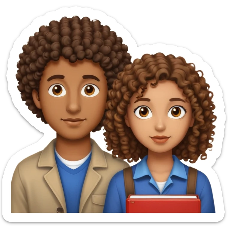 can you give me a emoji of a man 22 years old and woman 30 years old curly hair brown skin and 22 years old woman student with expression set  sticker