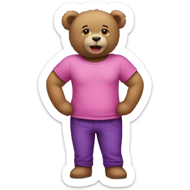 Teddy bear wearing purple pants with lipstick and a pink T shirt sticker