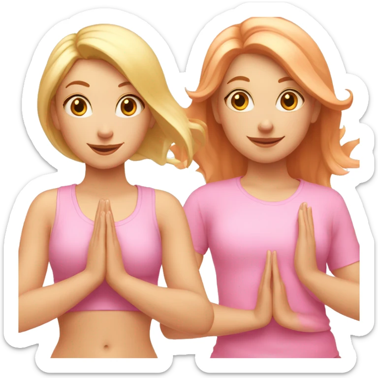 two girls doing yoga, one pale with copper hair and dressed in all pink, the other one blonde sticker