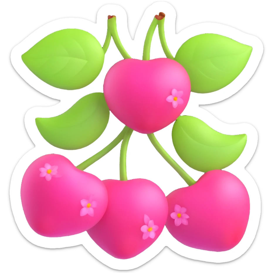 3D iOS-style illustration of two bright pink cherries with green leaves and pink flowers, pastel color palette, semi-transparent flowers, no background. sticker