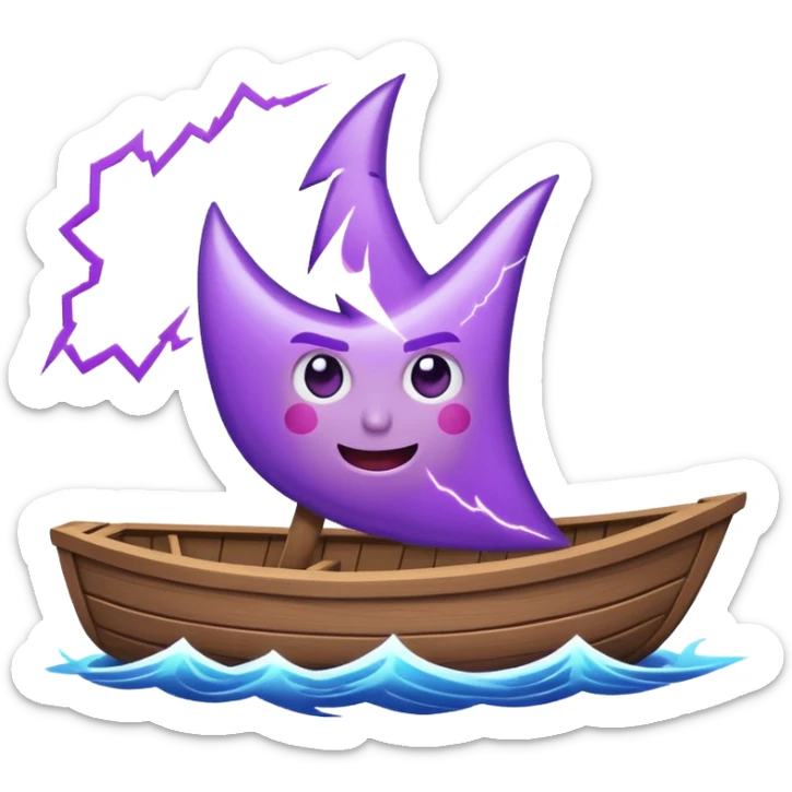 an animated gif emoji of a buff purple lightning bolt sailing away on a boat sticker