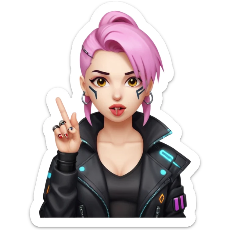 Woman with her tongue out in cyberpunk clothing and giving the middle finger. Looking naughty. sticker