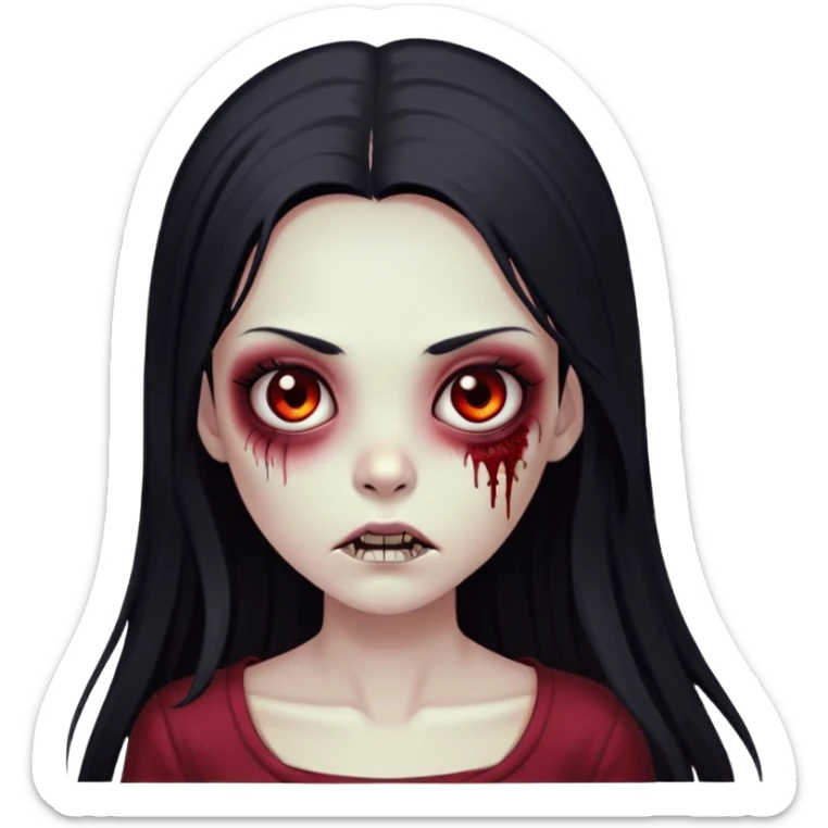 zombie girl with long straight black hair, dark eyes, long eyelashes, dark red cropped sticker