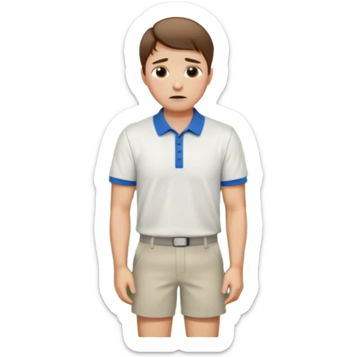 Handsome male.short brown hair.wearing golf shirt and shorts.crying.in garden sticker