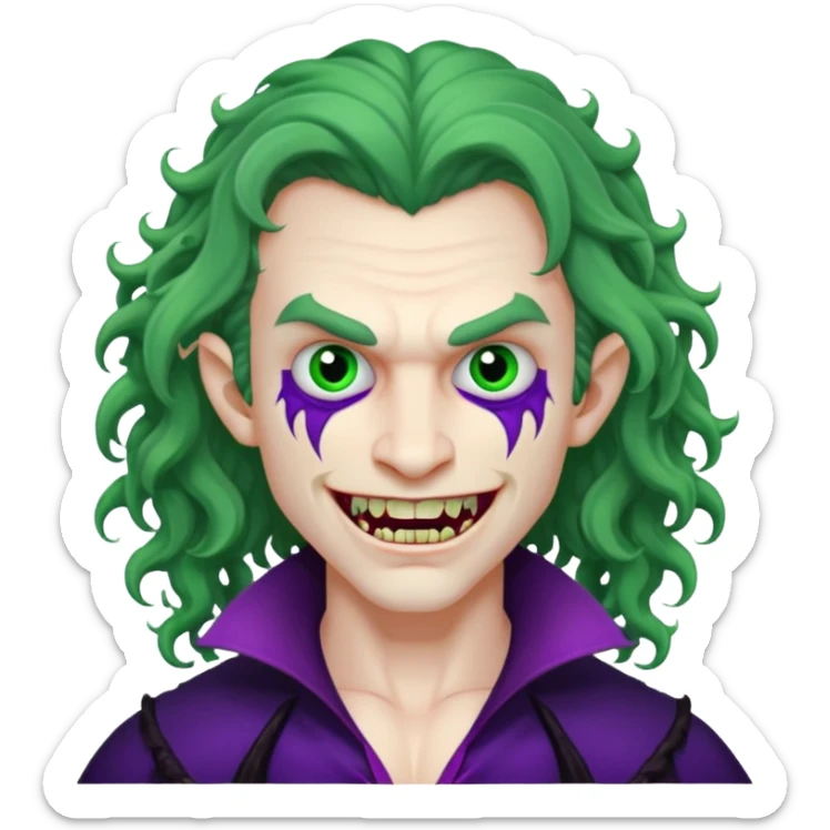 Vampire, long curly hair, male, fanged teeth, stitches with one side of face green and the other side purple, sticker