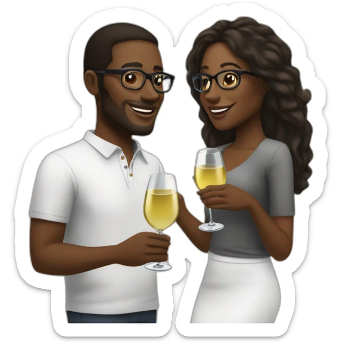 An African couple, a black woman with long dark blonde hair and brown eyes, and a black man with a medium fade haircut who wears glasses, toast to each other with a glass of white wine. sticker