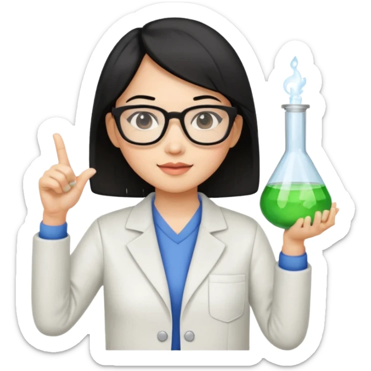 female asian chemistry teacher wearing glasses holdin a flask pointing right with straight short hair to her shoulders sticker