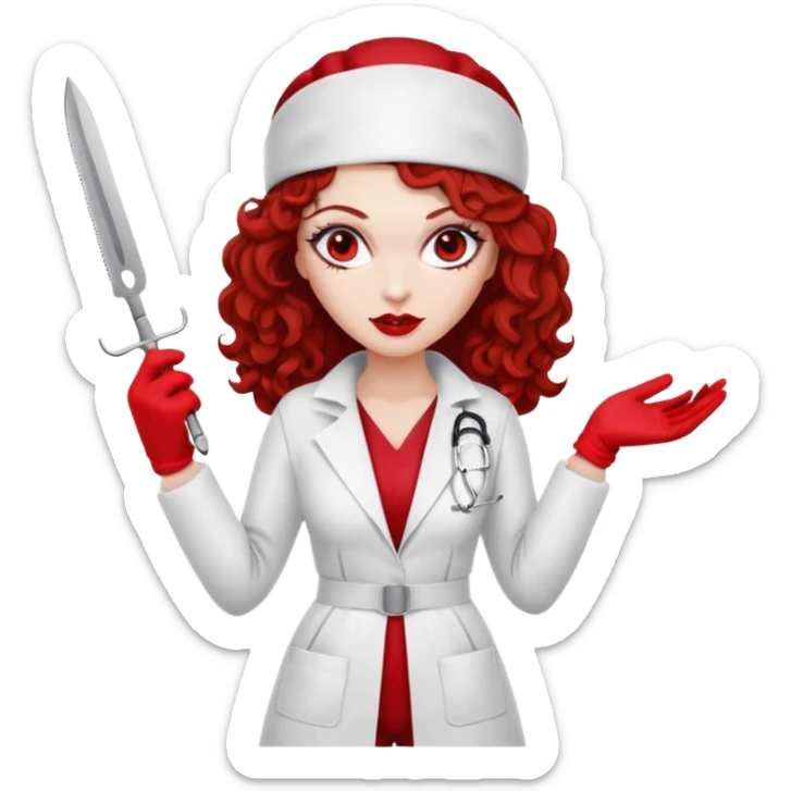 


Scary woman scalpel in hand, evil surgeon sexy surgeon clothes.  She has red eyes. Her  brown long curly hair. Wears sexy doctor outfit with red gloves. make her wear red ski mask  to hide. Wears white surgeon coat, wears  stilettos sticker