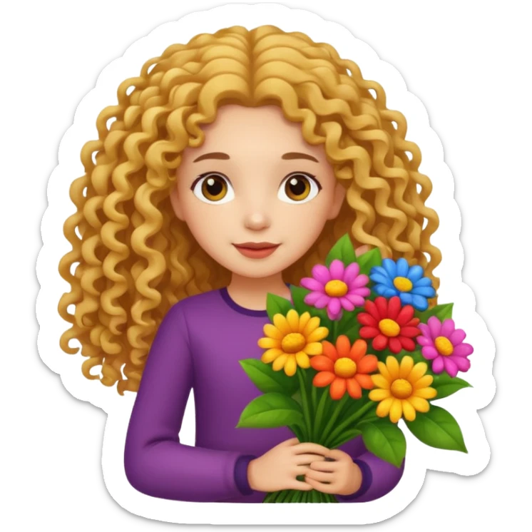light skinned long curly haired girl holding big bright bunch of flowers. White background. sticker