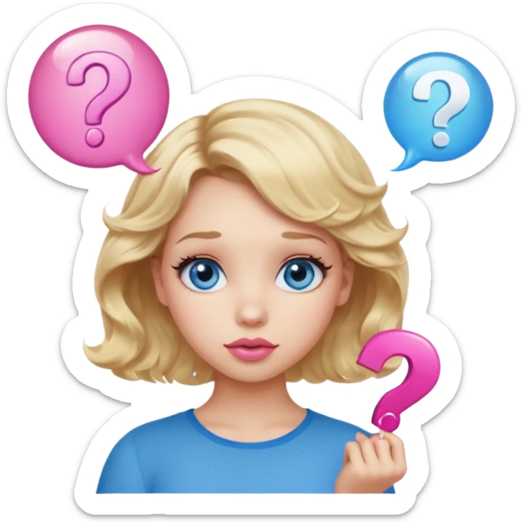 Girl Blonde short wavy hair,  blue eyes, cute blue top, long lashes, pink lips, question mark bubble sticker