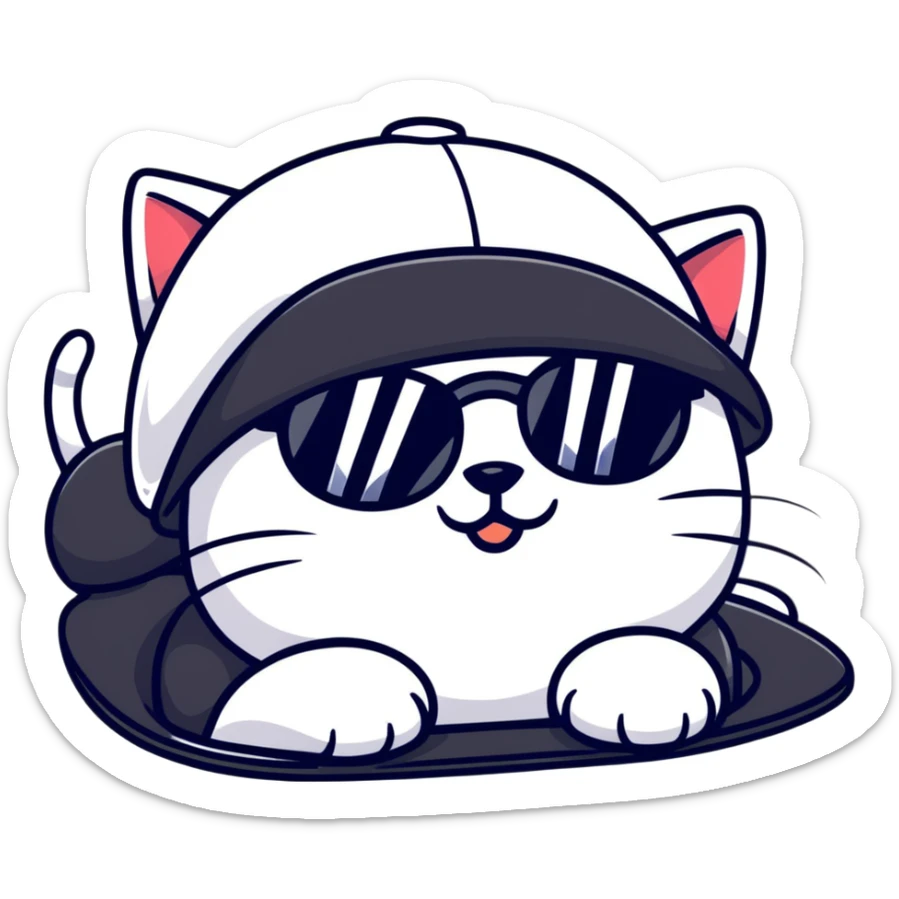 close-up of cat's face with one eye completely closed in an obvious wink, other eye open, wearing black snapback cap, black sunglasses positioned low on nose so cat is peeking over them, mischievous expression sticker