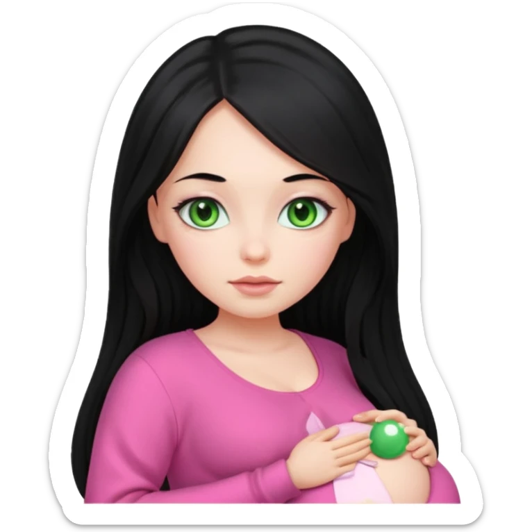Beautiful Russian girl green eyes very long black hair pink clothes pregnant sticker