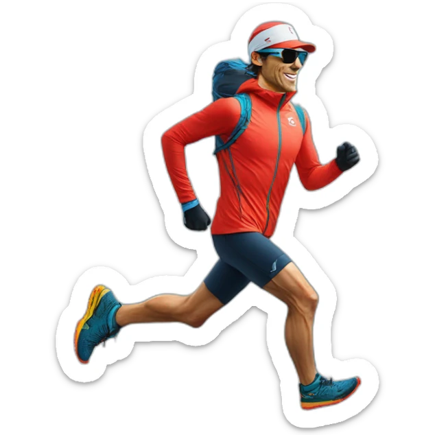 kilian jornet trail running wearing a salomon cap, a pair of sunglasses and winter shoes sticker