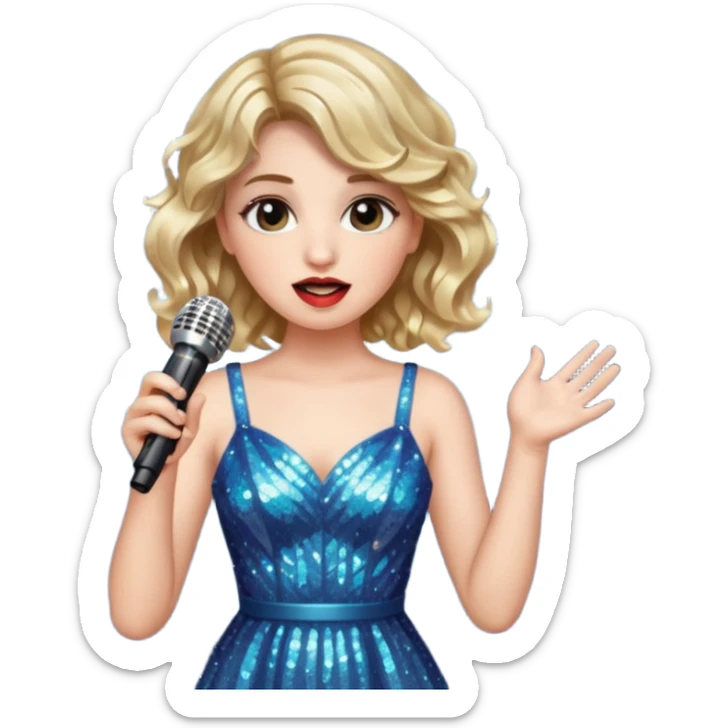 A short wavy female singer in sparkling dress holding a mic with emotional expression sticker