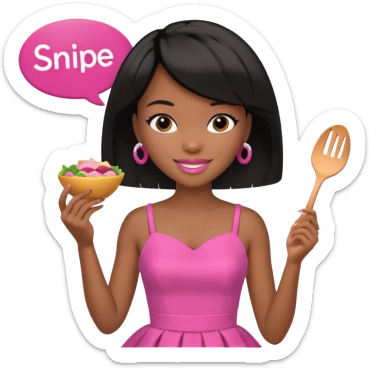 Black barbie, short  black bob  hair, pink dress eating with a sign that says snipe sticker