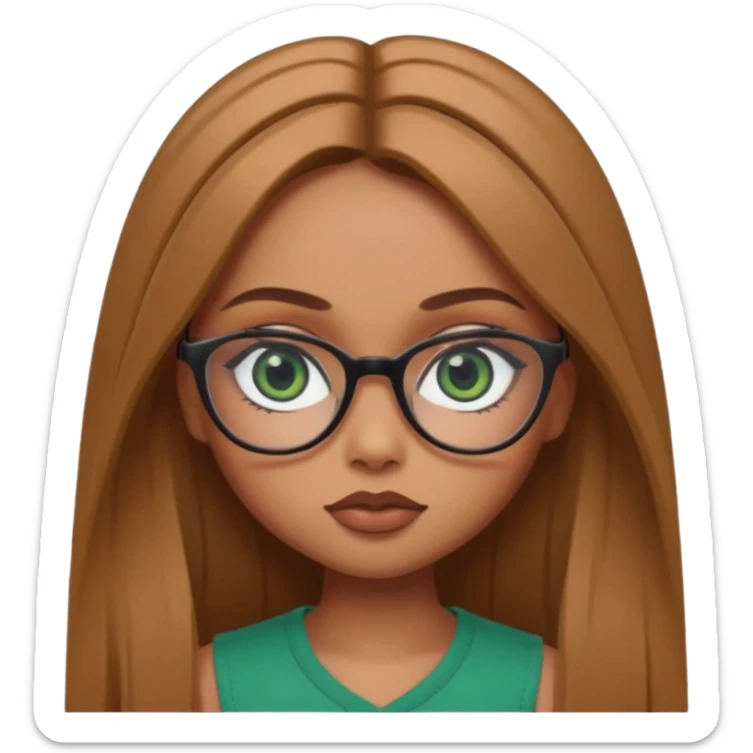 pretty bratz baddie, light brown straight hair, dark green eyes, glasses, pretty eyeliner sticker