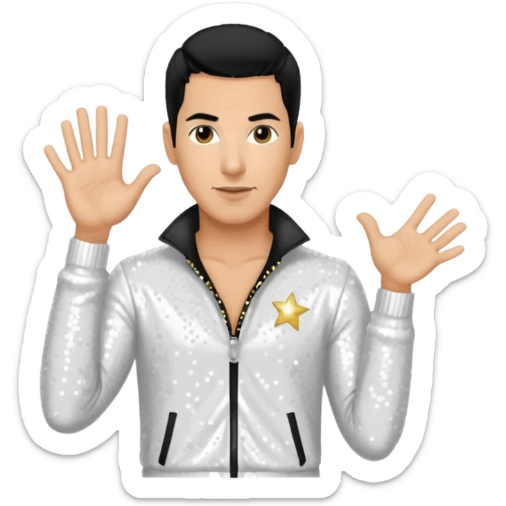 Danny Wood from NKOTB with black hair, white sequin outfit, light tan skin sticker