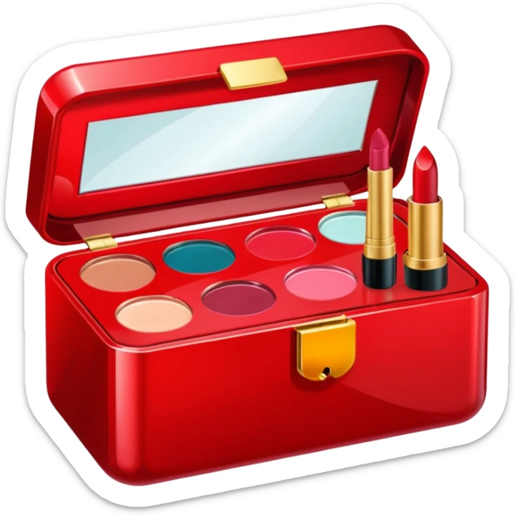 five cosmetic products in jewel box (box is red color+5 cosmetic products like lip, eye shadow, brush, cream sticker