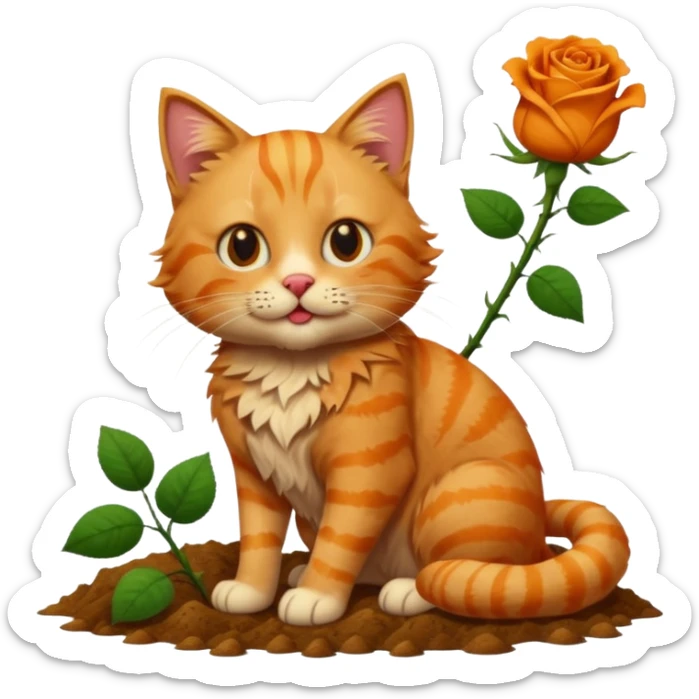 A fluffy, orange tabby cat fuul body, having a rose in it's mouth, and looked like he came from outside. sticker