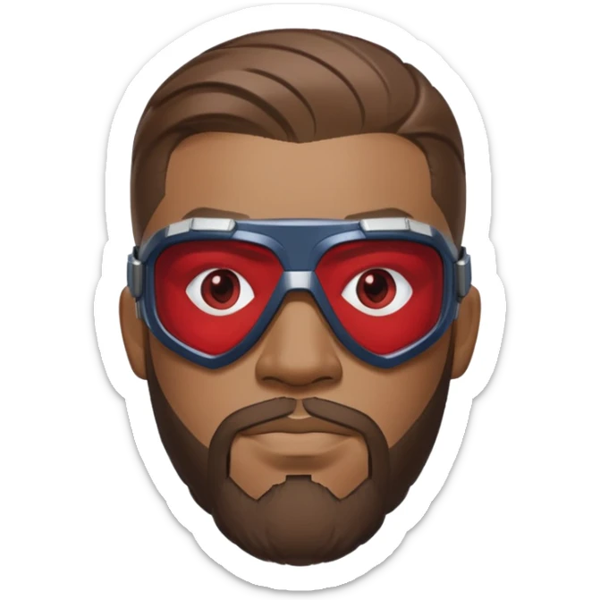 sam wilson with a close to the scalp hair  and  a well-groomed beard that connects to his mustache,  wear sleek, red-tinted tactical goggles fit snugly from captain america: civil war sticker