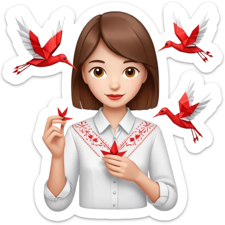 A happy Ukrainian young girl with brown hair in a white embroidered shirt makes an origami red crane craft sticker