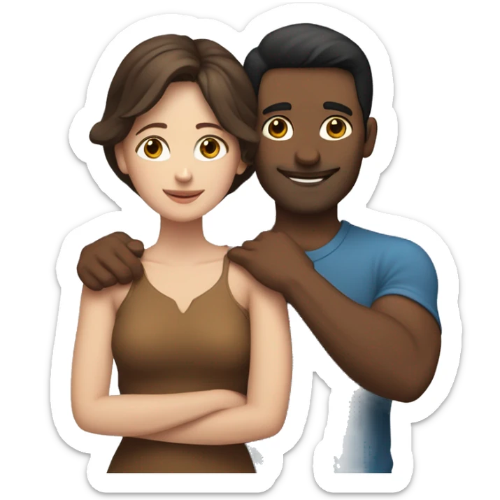 Couple embracing with arms around each other; white woman with blue eyes and brown hair, Indian man with black hair  sticker
