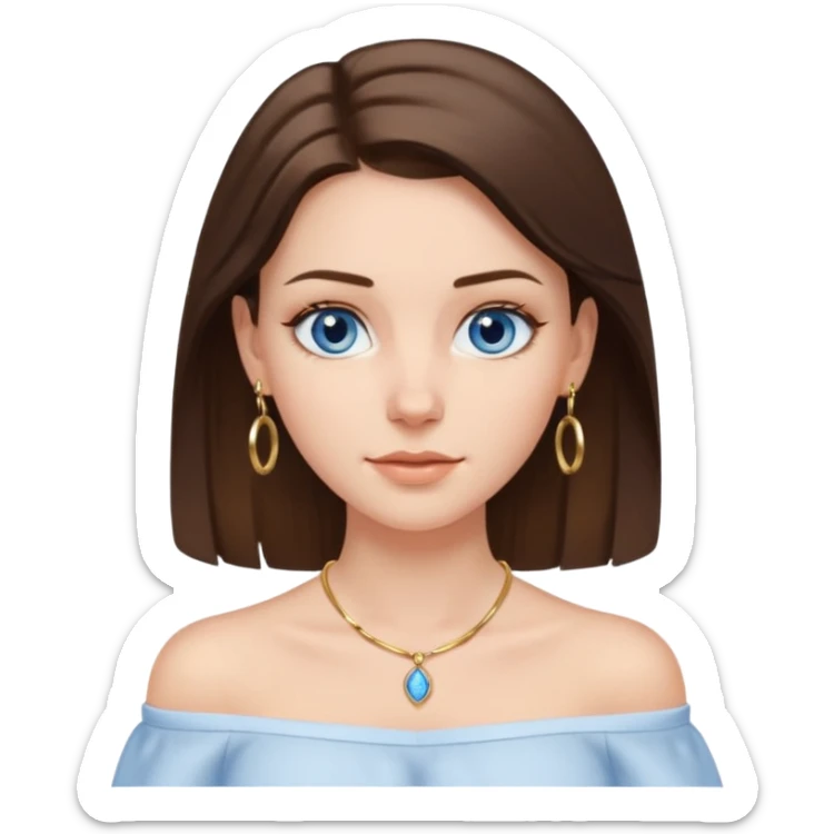 A pretty white girl with brunette hair blue eyes  thin gold hoop earrings and a matching gold necklace in a white shirt that cuts off the shoulders sticker