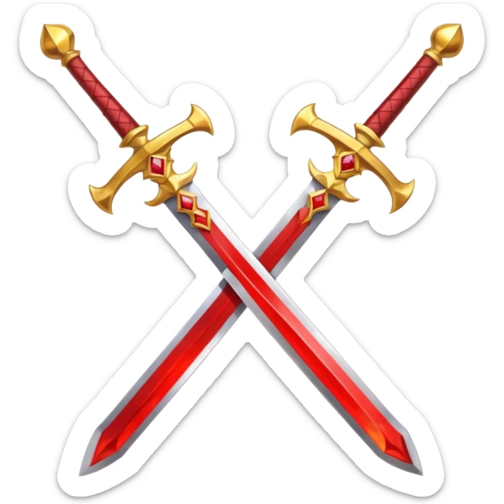 Two crossed swords that are golden in blade and handle and have fiery and royal appearence to them as well as red gem stones yellow in color sticker