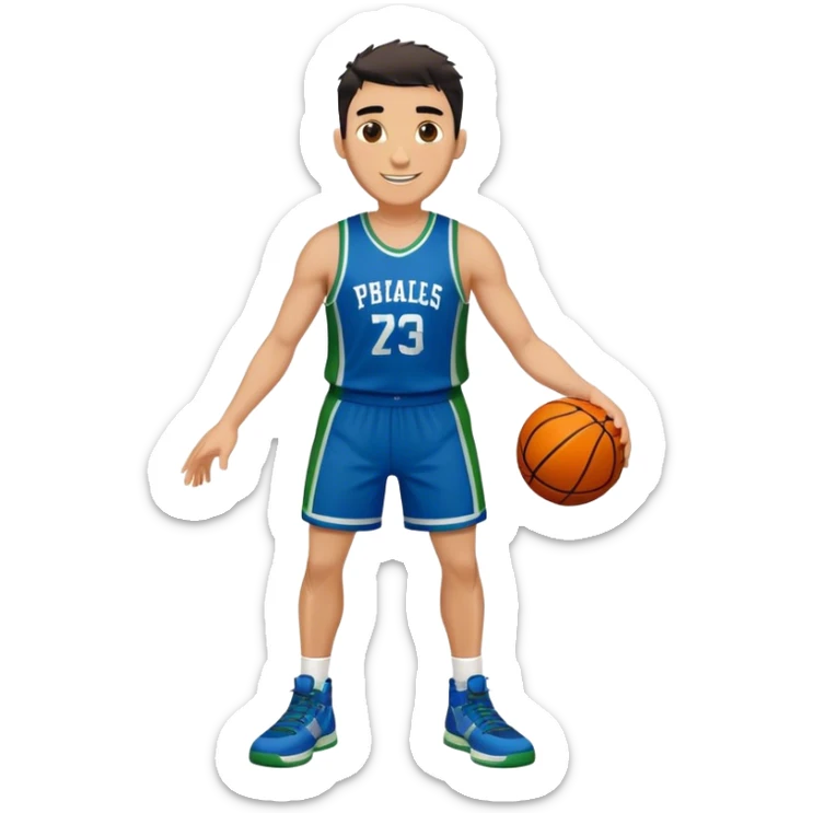 Full Body heavy tall white male with dark short spike hair basketball player wearing blue green uniform smiling sticker