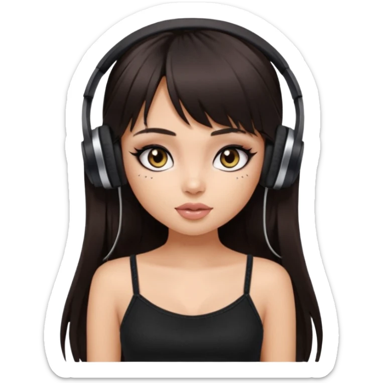 generate a pretty bratz girl in black cami top, dark brown straight long hair with bangs, eyeliner on, listeninh to music sticker