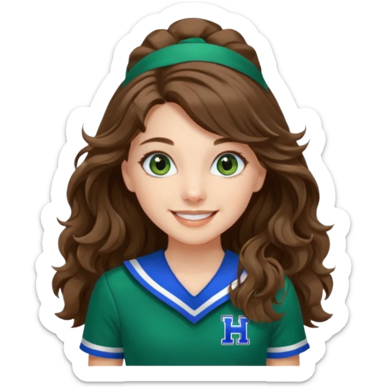 A pretty girl with blue eyes, brown long wavy hair, qnd wear green Hawkins cheerleader uniform sticker