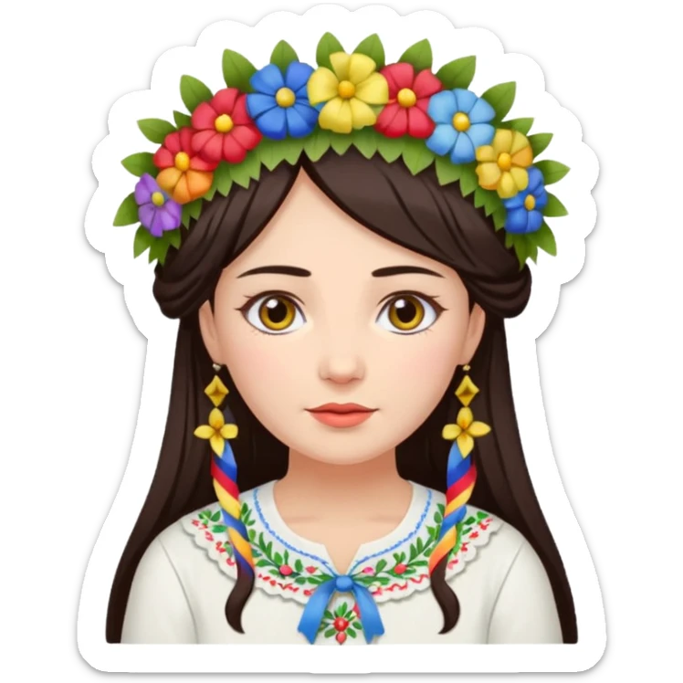Ukrainian woman in a white embroidered shirt with dark hair in a wreath of flowers with multicoloured ribbons on her head sticker
