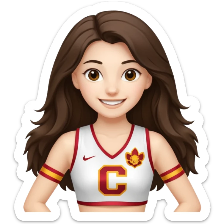 skinny white happy long haired brunette girl in a white USC cheerleader outfit sticker