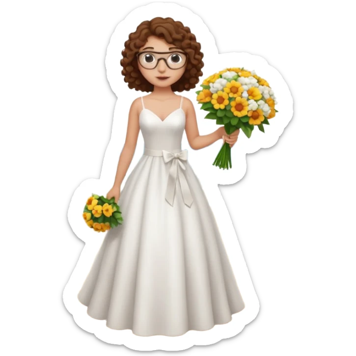 Chica blanca, pelo rizado, gafas, vestido novia playa sin vuelo cuerpo entero, pelo castaño sticker