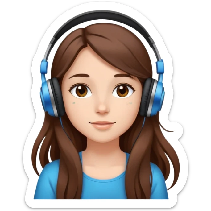 girl with long brown hair listening to music with headphones and stars in the background cartoon style elegant  sticker