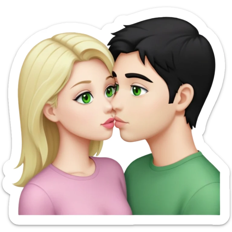 A blonde girl with fair skin and green eyes and light pink lips a guy with black hair and fair skin and green eyes are kissing sticker
