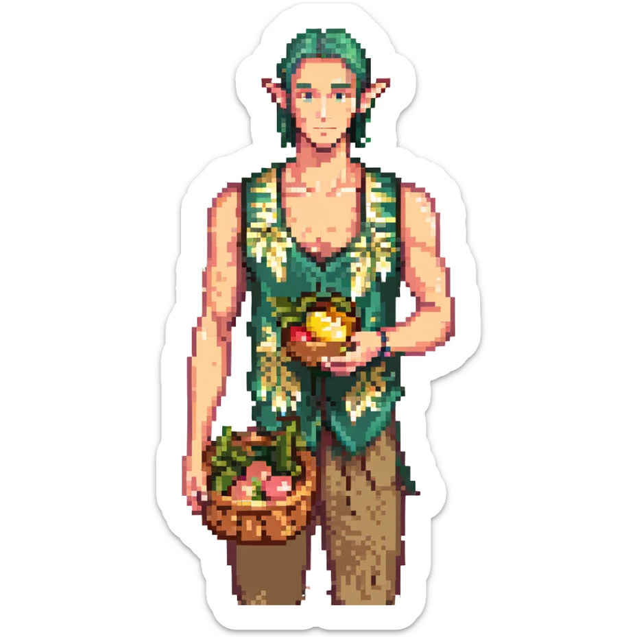 elf male Sleeveless vest with palm-leaf print, basket of exotic fruits (mango/lychee), sunburned nose. sticker